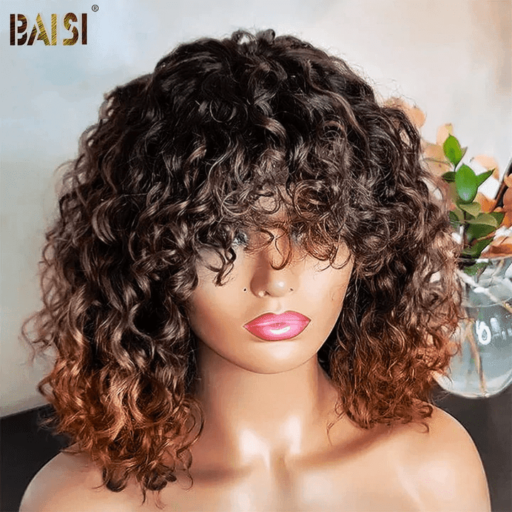 BAISI Flash Offre 84€ Perruque Curly Bouclée Avec Frange Noir Marron En 100% Cheveux Humains De Bonne Qualité  FR38