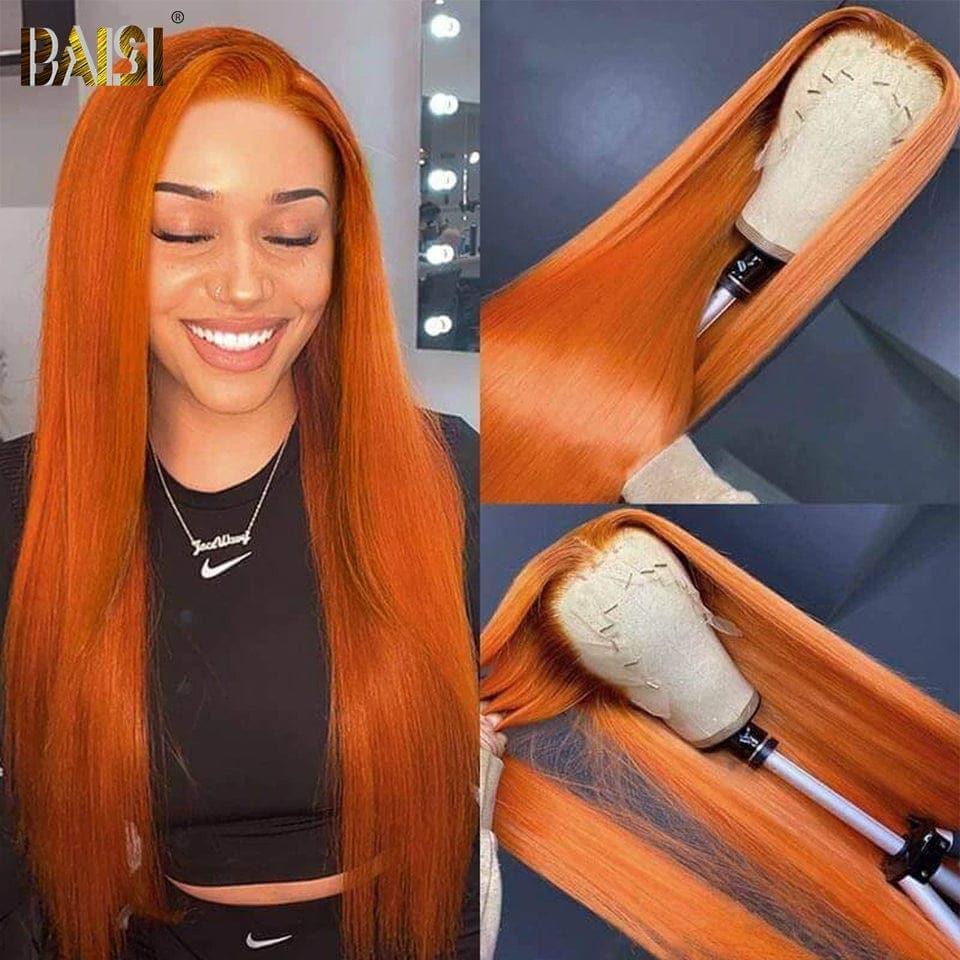 BAISI 13x4 Lace Frontal Perruque Lisse Orange en 100% Cheveux Humains