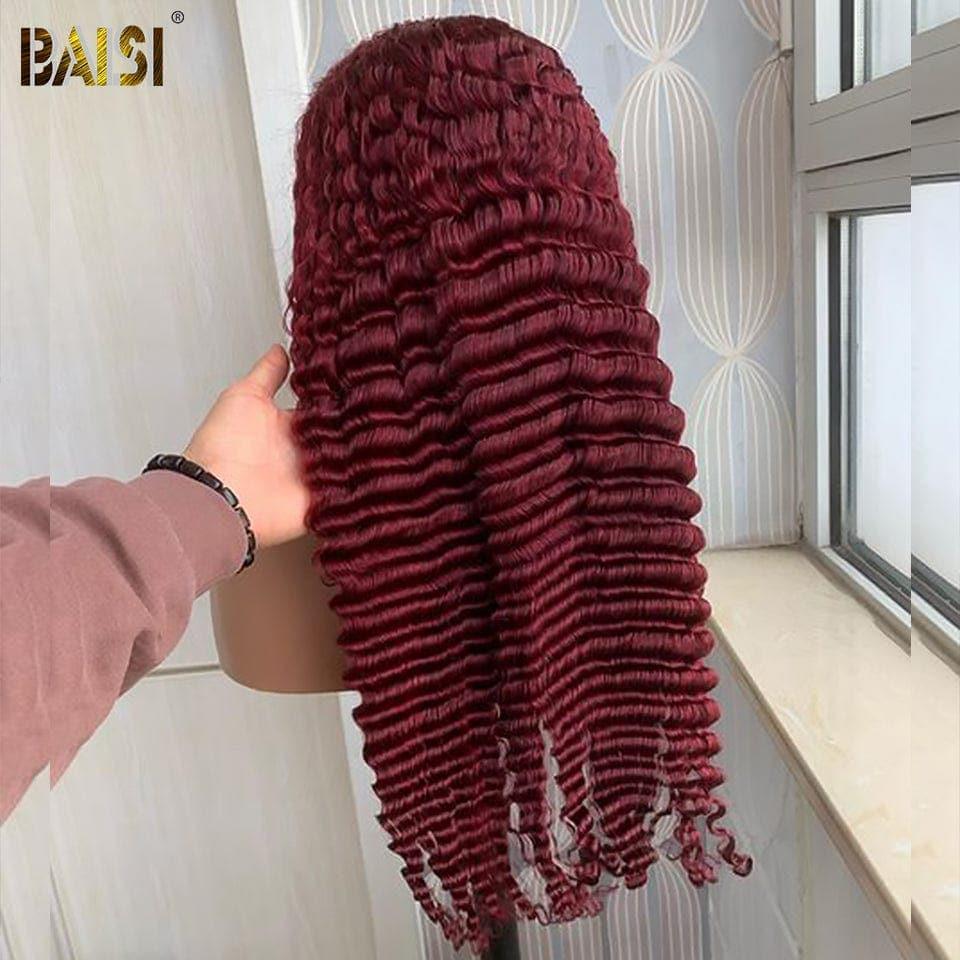 BAISI Compre 2 perucas no mínimo ao preço de fábrica do fornecedor em França IVA 0€ 48H chegada 13x4 Lace Frontal Peruca Deep Wave Vermelho Bordeaux Sem Cola Lace já cortada Fácil de Usar em 100% Cabelo Humano (Sem Código)