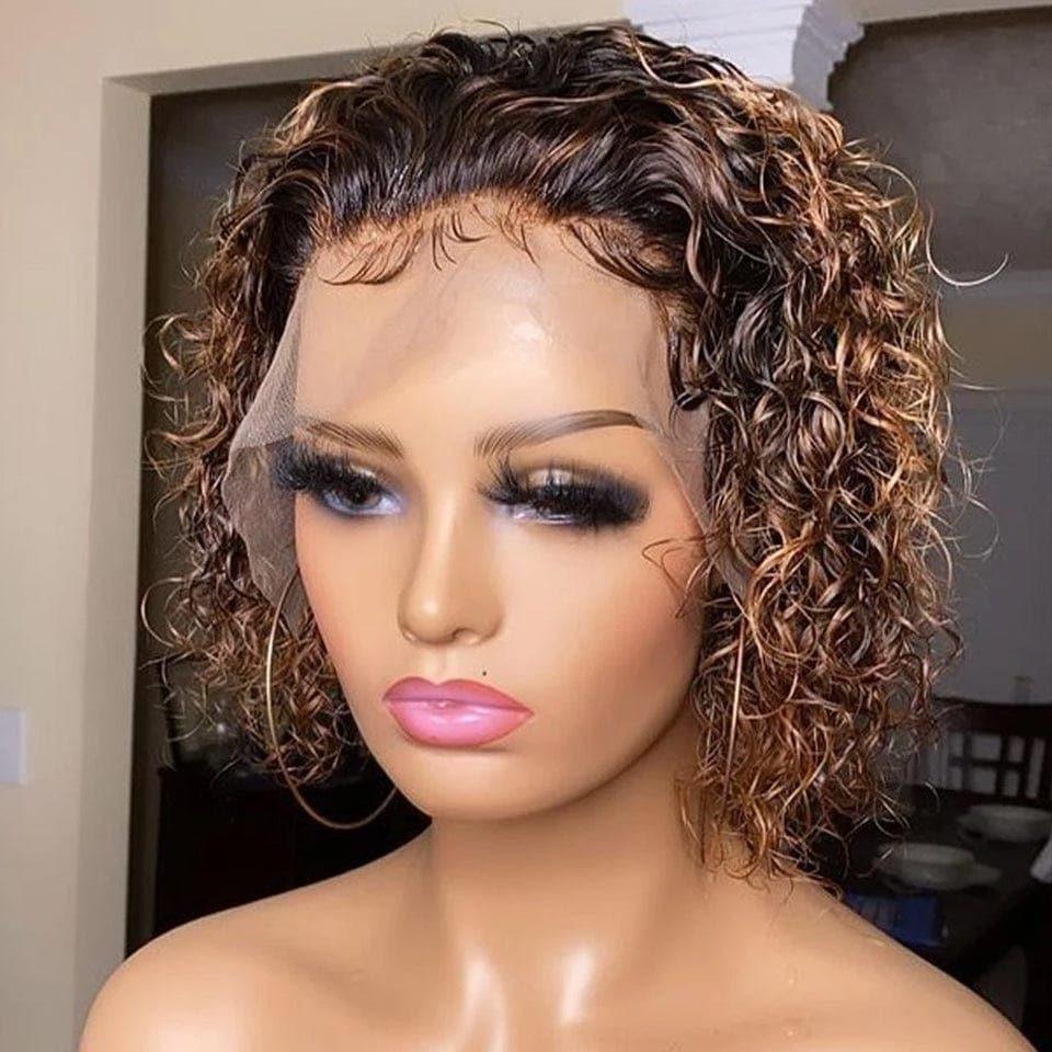 BAISI FLORENCE Parrucca Pixie Cut Lace Frontal 13X4 pizzo NERO o 13x1 Riccia 4/27 Marrone in 100% Capelli Umani Veri C