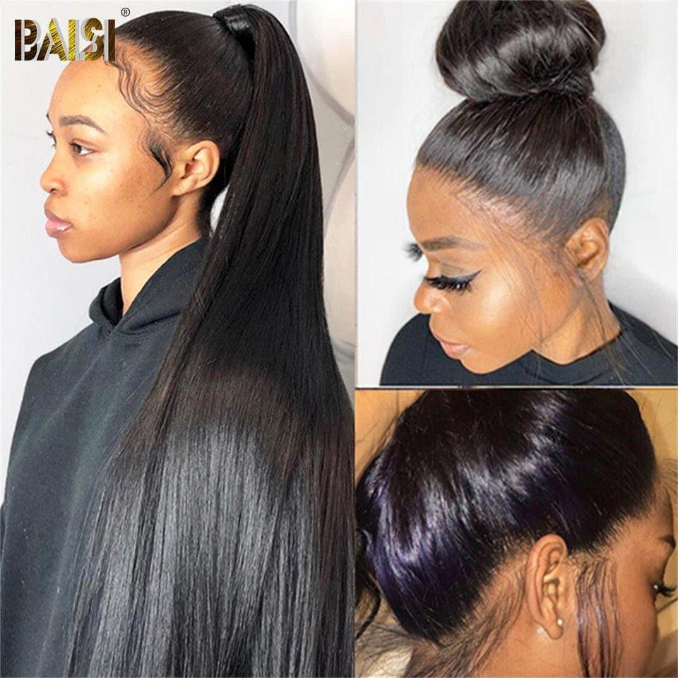 BAISI 360 Lace Perruque Lisse en Vrais Cheveux Humains Coiffure Chignion