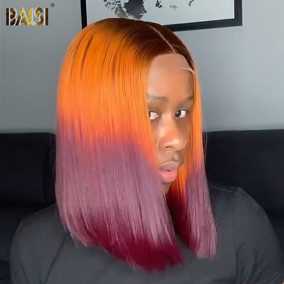 Peruca bob lisa frontal BAISI 13X4 em cor laranja avermelhada, 100% cabelo humano verdadeiro
