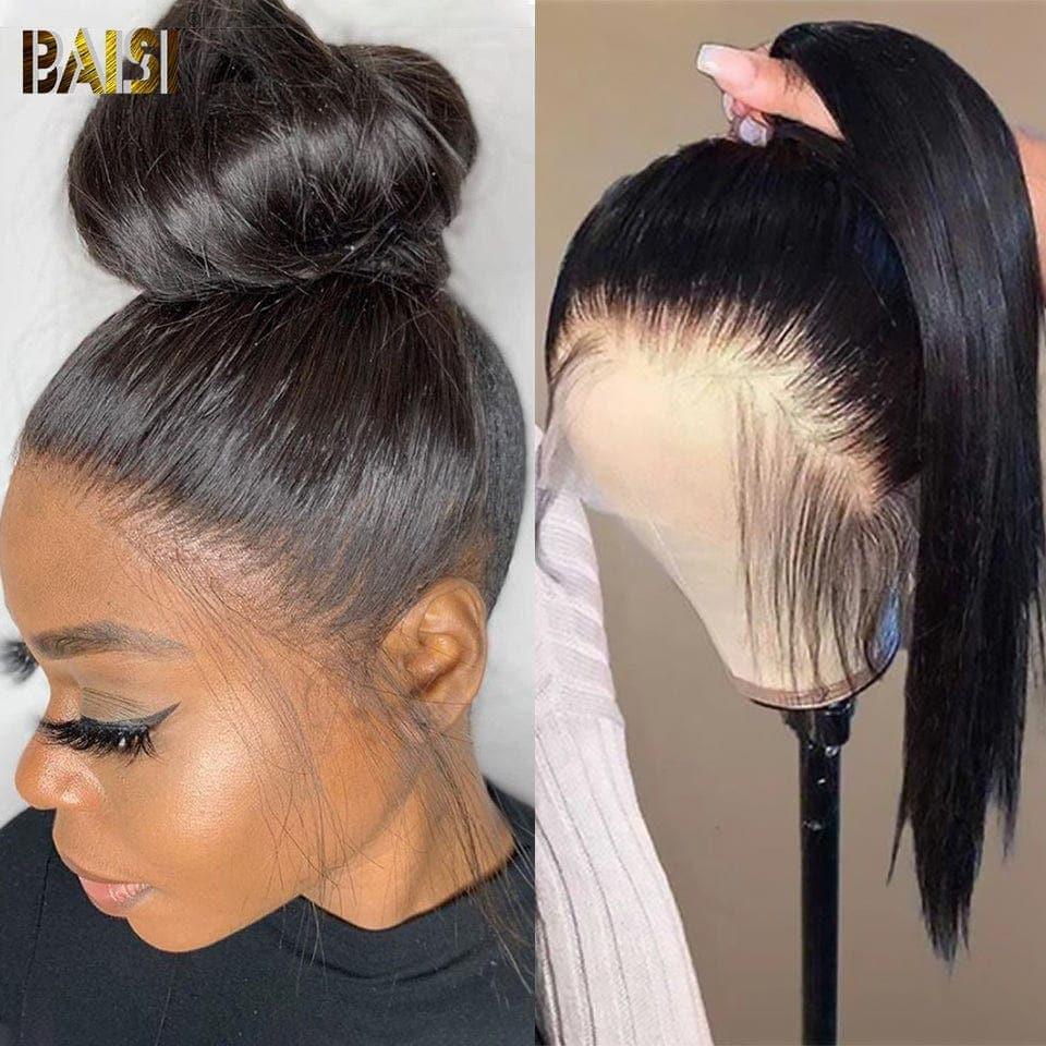 BAISI 360 Lace Perruque Lisse en Vrais Cheveux Humains Coiffure Chignion
