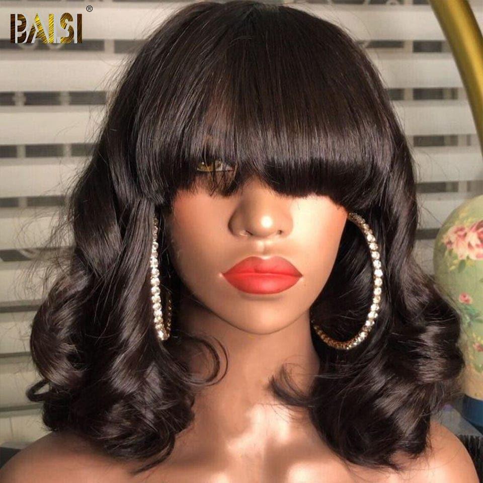 BAISI Achetez 2 perruques minimum au prix d'usine fournisseur perruque pixie Lisse avec 13x4 lace frontal ou Bob Perruque Avec Frange Ondulé Body Wave 100% Cheveux Humains (Pas Besoin de Code)