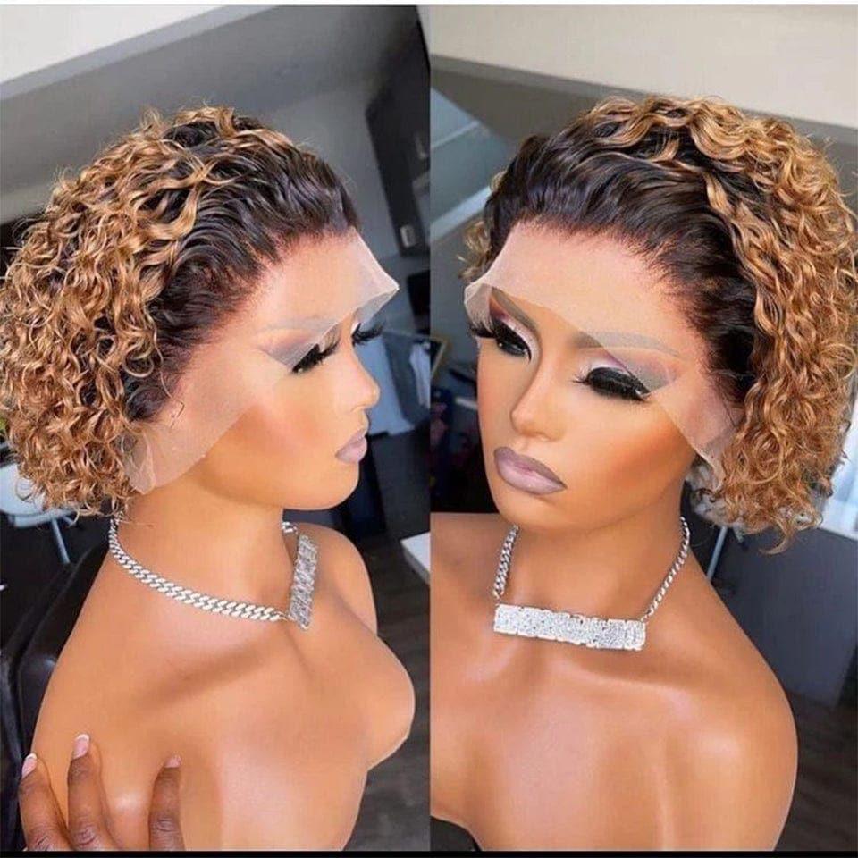 BAISI FLORENCE Parrucca Pixie Cut Lace Frontal 13X4 pizzo NERO o 13x1 Riccia 4/27 Marrone in 100% Capelli Umani Veri C