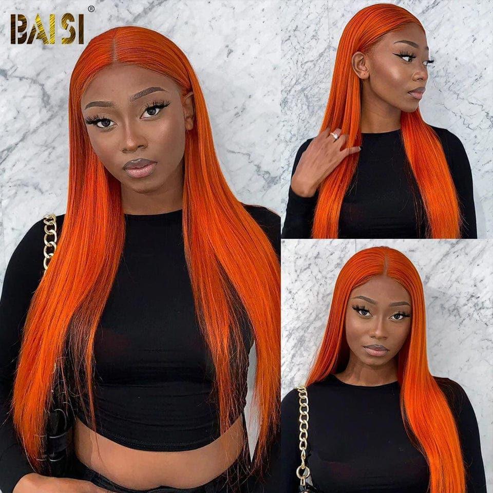 BAISI 13x4 Lace Frontal Perruque Lisse Orange en 100% Cheveux Humains
