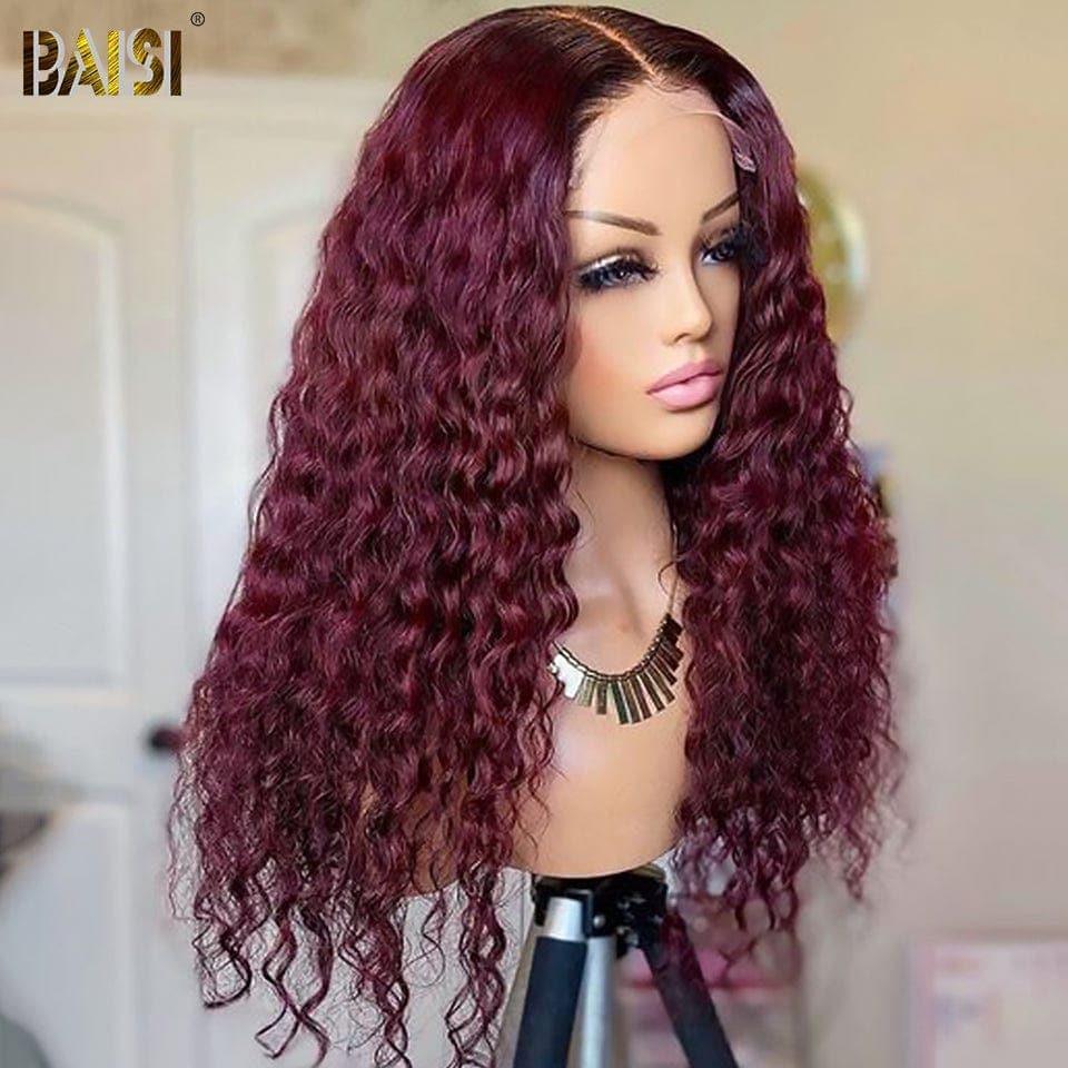 BAISI Compre 2 perucas no mínimo ao preço de fábrica do fornecedor em França IVA 0€ 48H chegada 13x4 Lace Frontal Peruca Deep Wave Vermelho Bordeaux Sem Cola Lace já cortada Fácil de Usar em 100% Cabelo Humano (Sem Código)