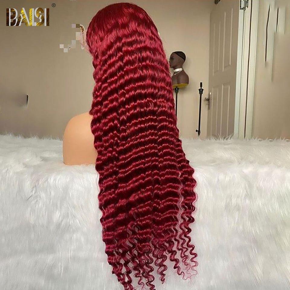 BAISI Compre 2 perucas no mínimo ao preço de fábrica do fornecedor em França IVA 0€ 48H chegada 13x4 Lace Frontal Peruca Deep Wave Vermelho Bordeaux Sem Cola Lace já cortada Fácil de Usar em 100% Cabelo Humano (Sem Código)