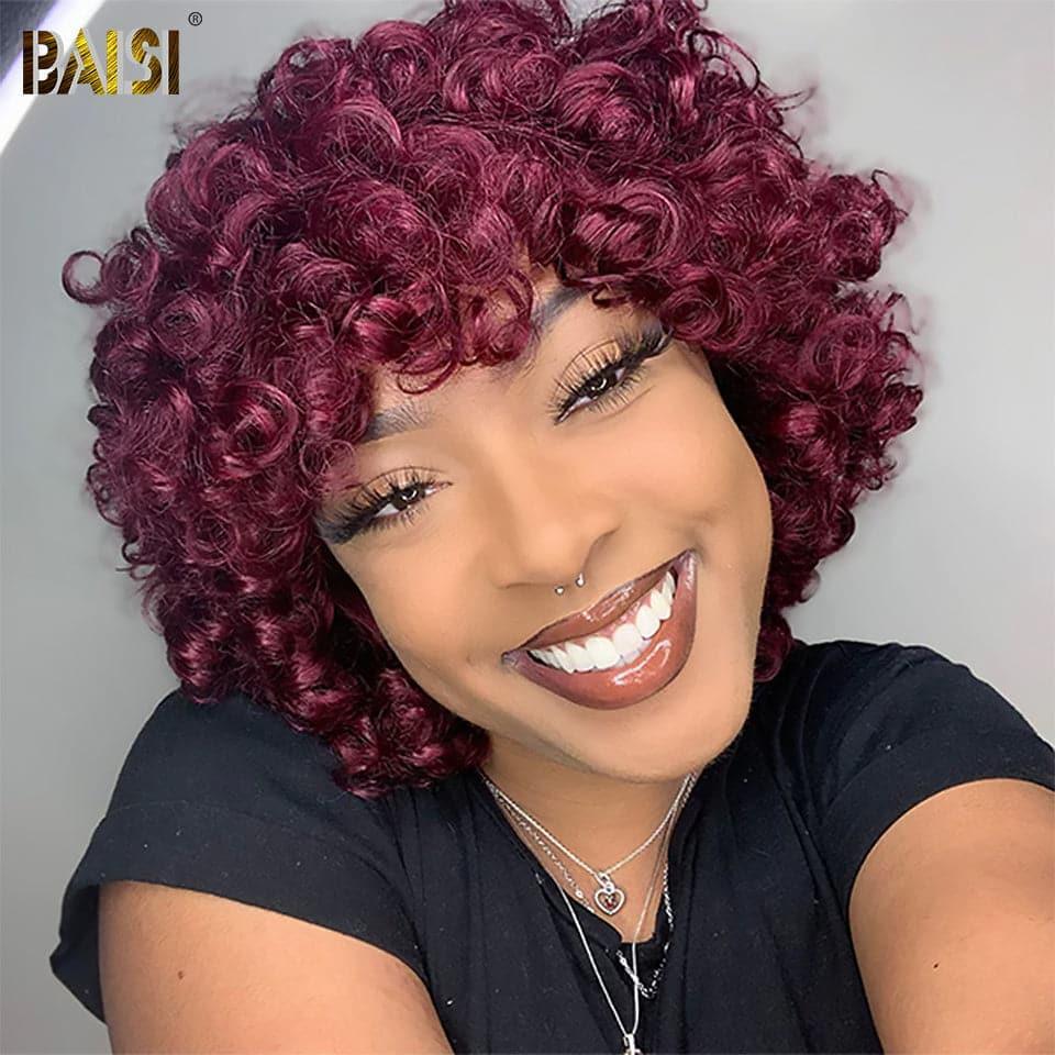 BAISI Achetez 2 perruques minimum au prix d'usine fournisseur Perruque Bouclée Egg Wave Rouge Bordeaux en 100% Cheveux Humains (Pas Besoin de Code)