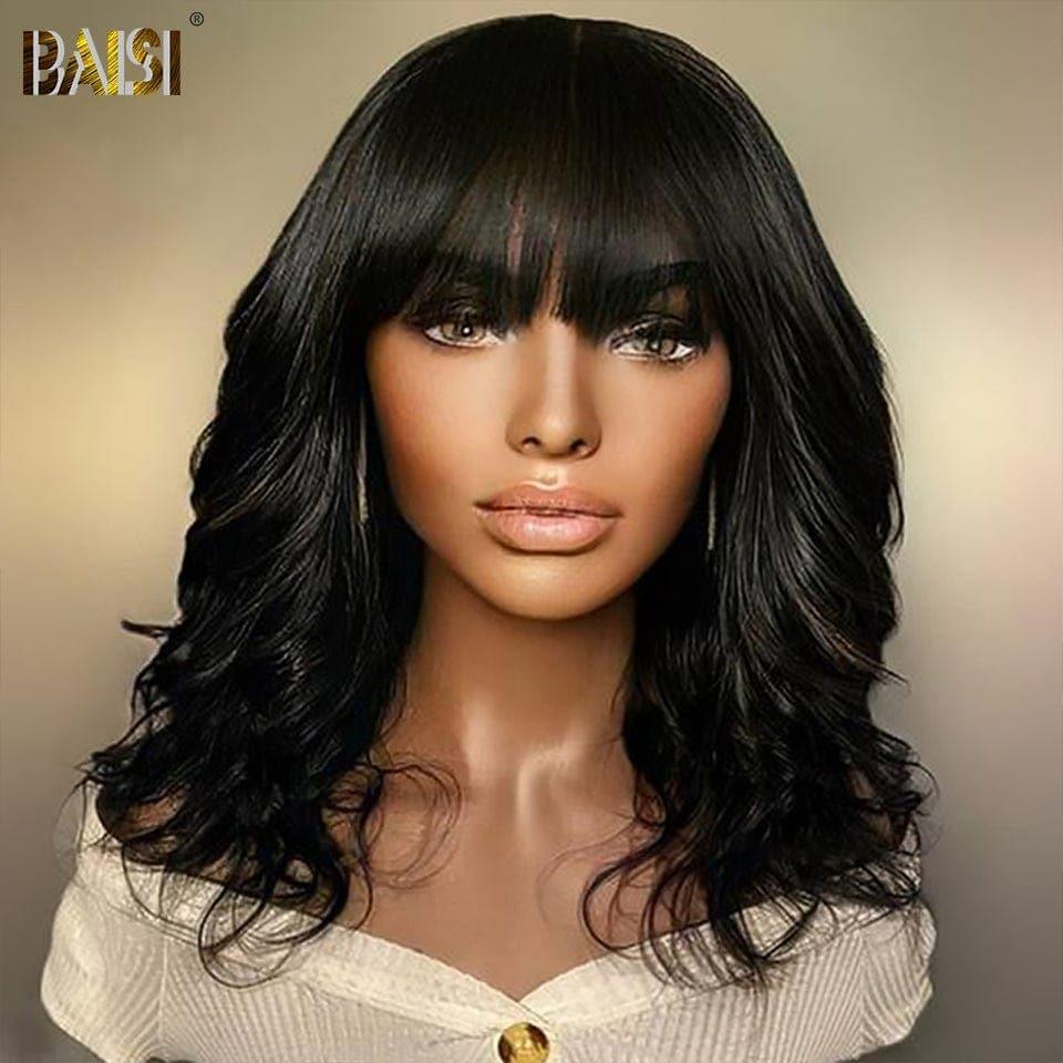 BAISI Achetez 2 perruques minimum au prix d'usine fournisseur Perruque 4X4 lace 1BT4# Lisse Bob 68€ ou Bouclée Loose Wave avec Frange en Noir  (Pas Besoins De Code)
