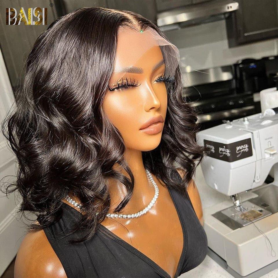 BAISI 13x4 Lace Frontal Perruque BOB Noir Body Wave Avec lace Frontal 13x1x6 En 100% Cheveux Naturels