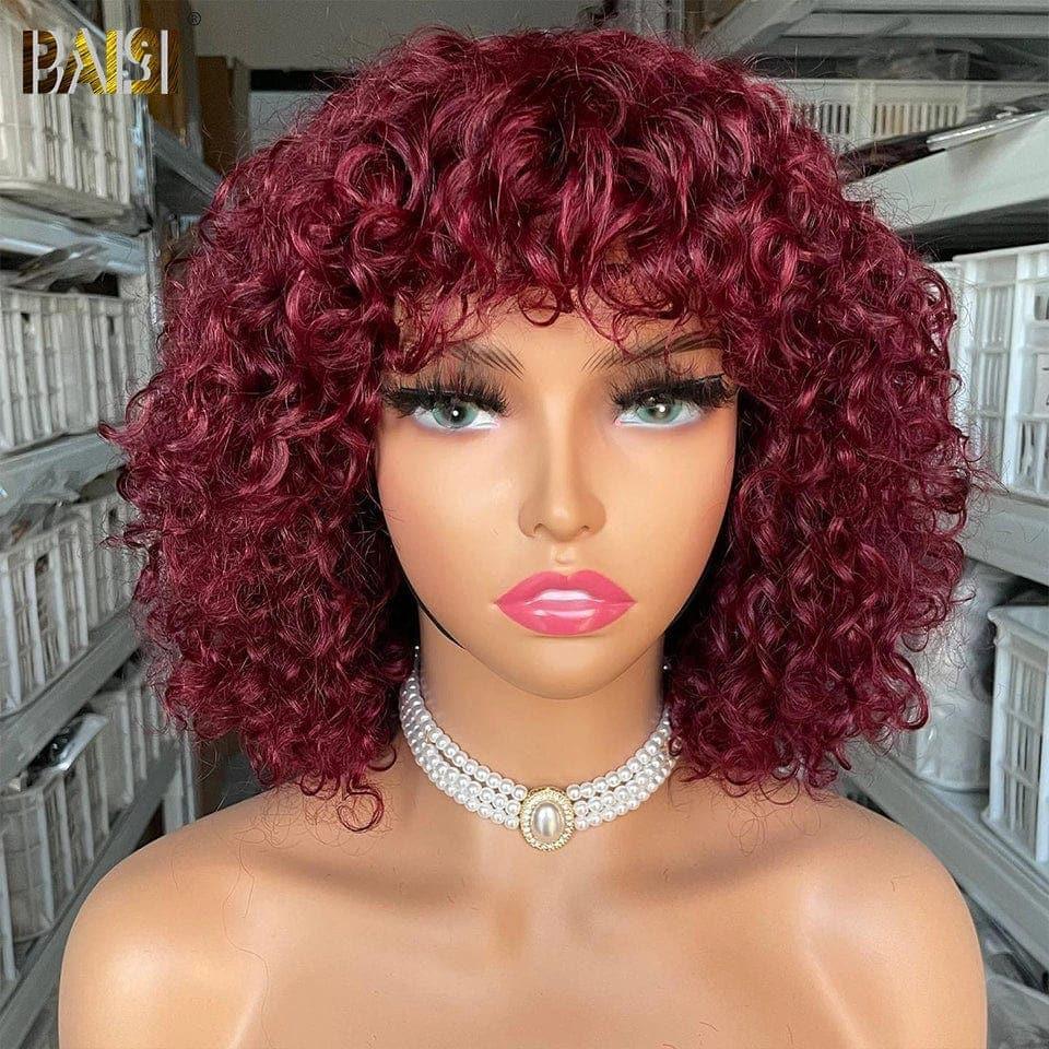 BAISI Achetez 2 perruques minimum au prix d'usine fournisseur Perruque Bouclée Deep Wave avec Frange en Noir Rouge Bordeaux 99J (Pas Besoins De Code)