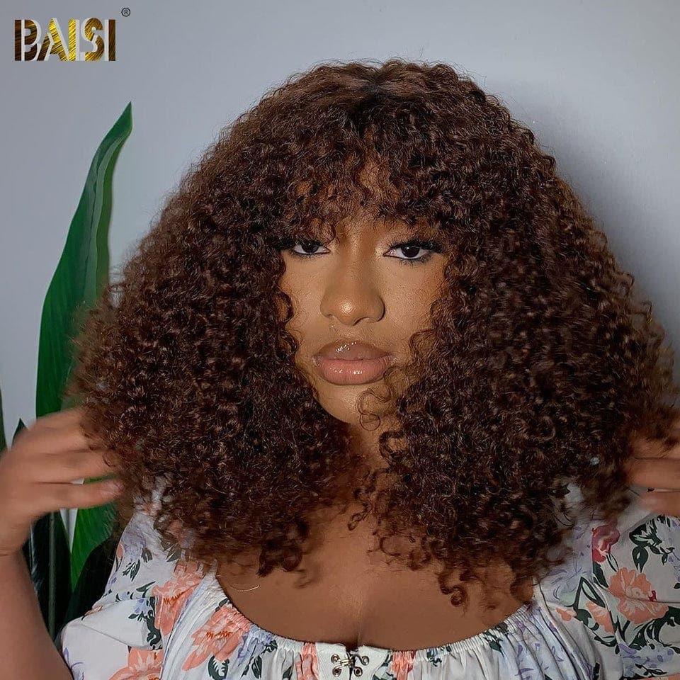 BAISI Peruca kinky curly com franja em castanho #4 em 100% cabelo humano verdadeiro