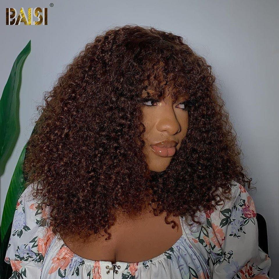 BAISI Peruca kinky curly com franja em castanho #4 em 100% cabelo humano verdadeiro