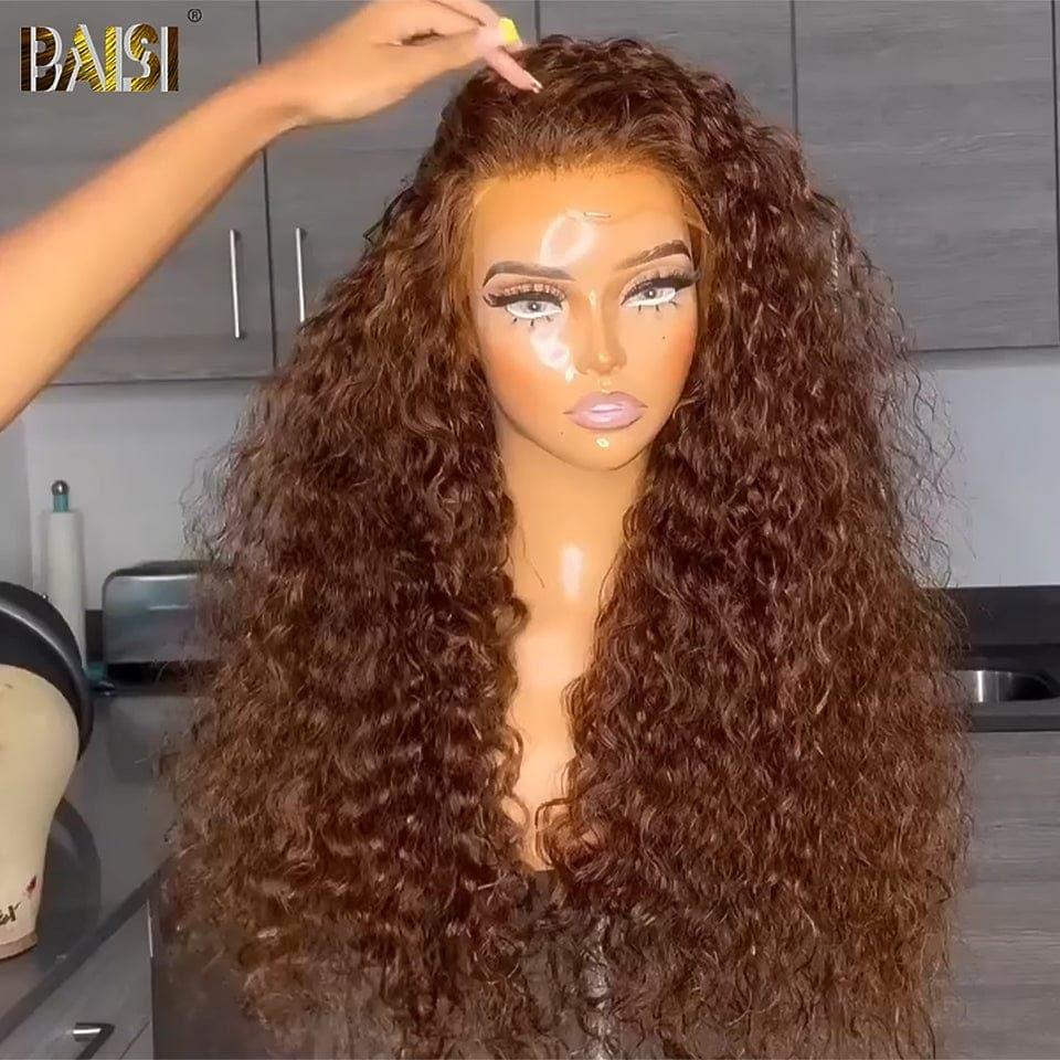 BAISI 13x4 Lace Frontal Perruque Curly Marron #4 en 100% Cheveux Humains