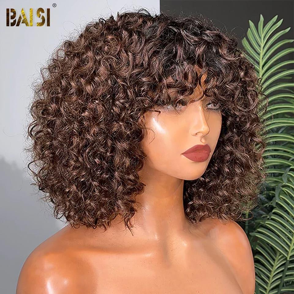 BAISI Achetez 2 perruques minimum au prix d'usine fournisseur Perruque Lisse avec Frange ou Curly Bouclée 1B#4 Avec Frange 1B#4 En 100% Cheveux Humains De Bonne Qualité (Pas Besoin de Code)