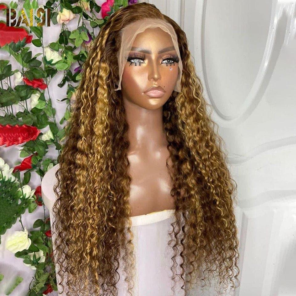 BAISI 13x4 Lace Frontal Perruque Deep Wave Miel #4MIX#27 en 100% Cheveux Humains