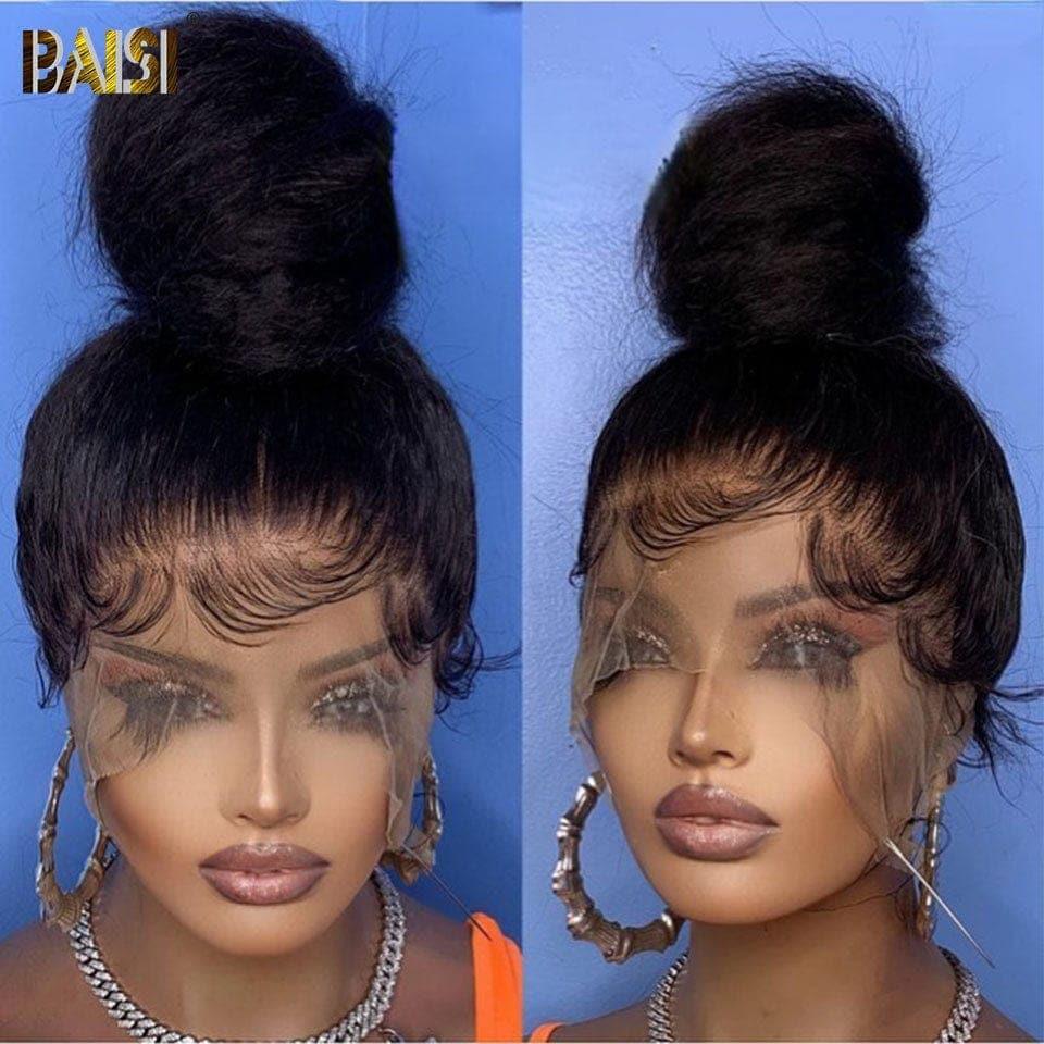 BAISI 360 Lace Perruque Kinky Straight Yaki en Vrais Cheveux Humains Coiffure Chignion