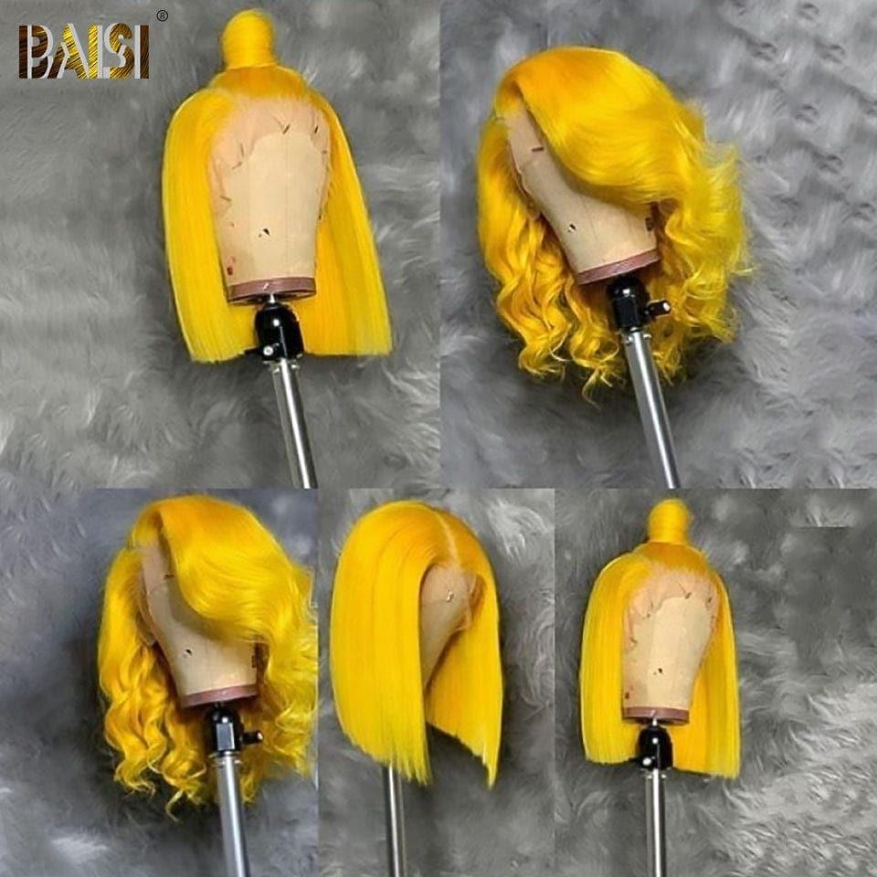 BAISI 13x4 Frontal Perruque Bob Lisse En Jaune Coupe Carrée En 100% Vrais Cheveux Humains