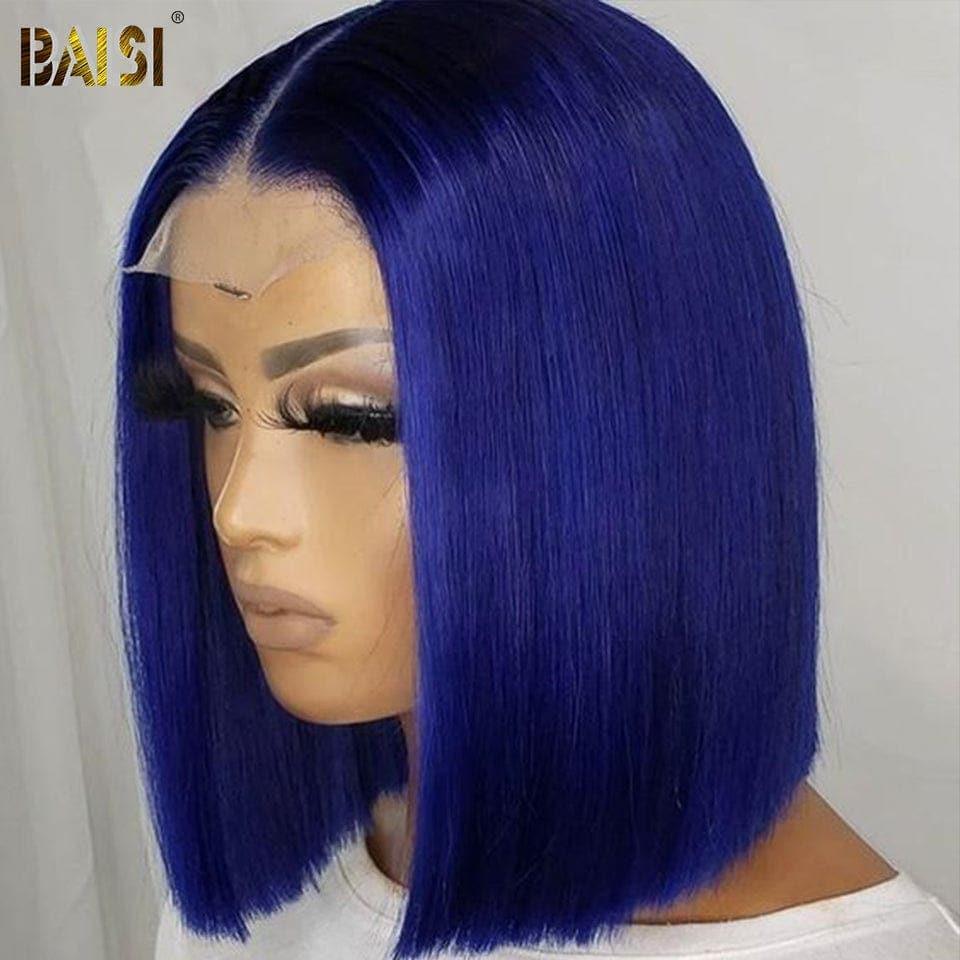 BAISI 13x4 Frontal Perruque Bob Lisse En Bleu Coupe Carrée En 100% Vrais Cheveux Humains
