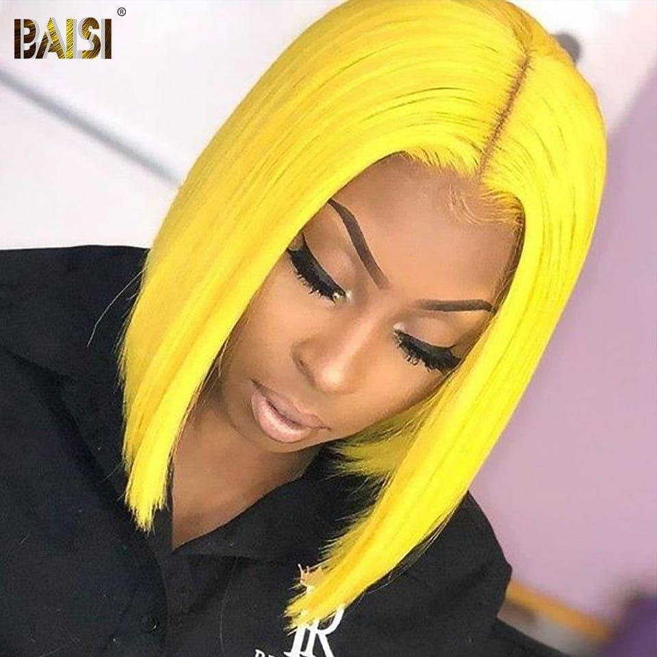 BAISI 13x4 Frontal Perruque Bob Lisse En Jaune Coupe Carrée En 100% Vrais Cheveux Humains