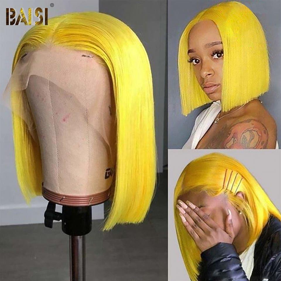 BAISI 13x4 Frontal Perruque Bob Lisse En Jaune Coupe Carrée En 100% Vrais Cheveux Humains