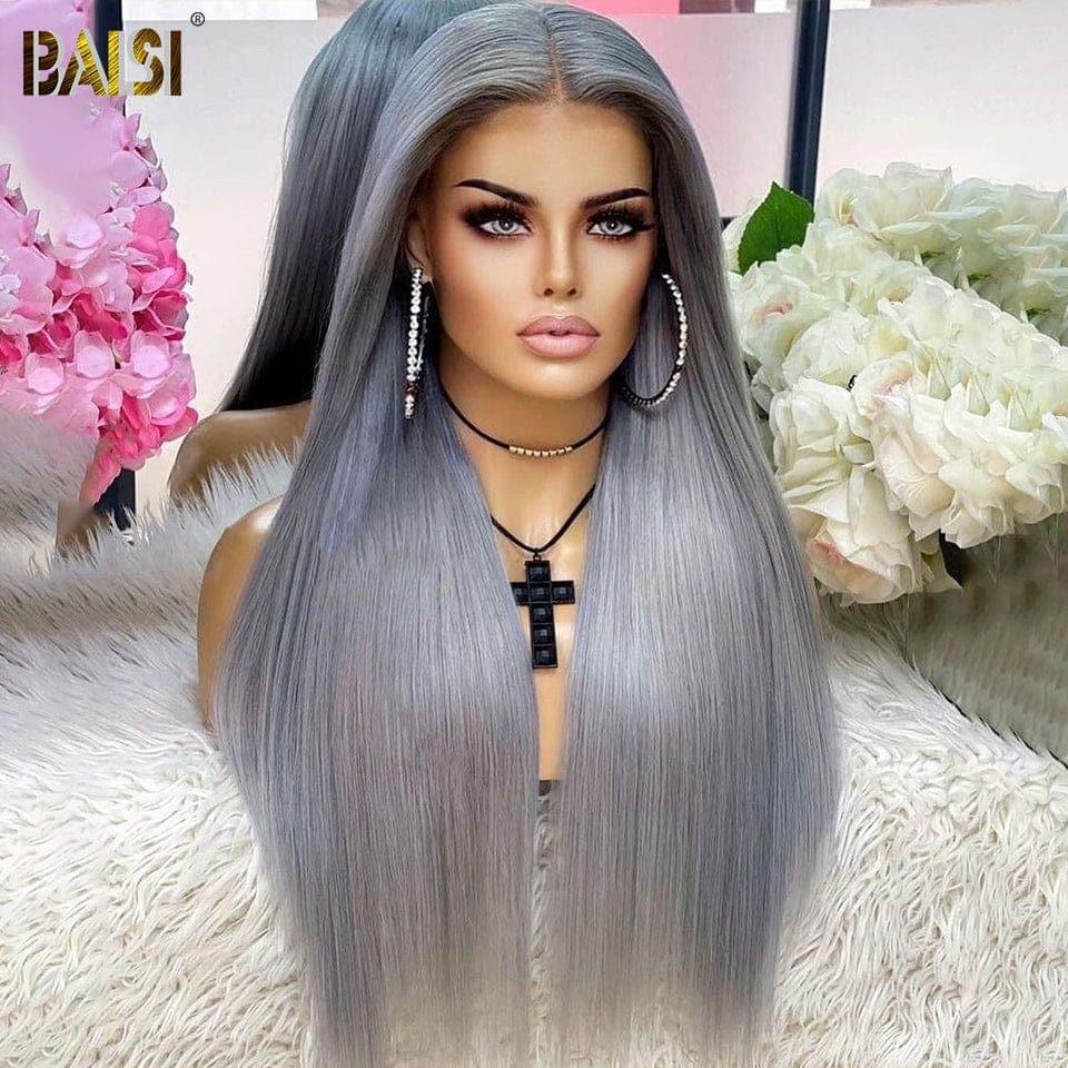 BAISI Collection Poivre et Sel 13x4 Lace Frontal Perruque Lisse Gris en 100% Cheveux Humains