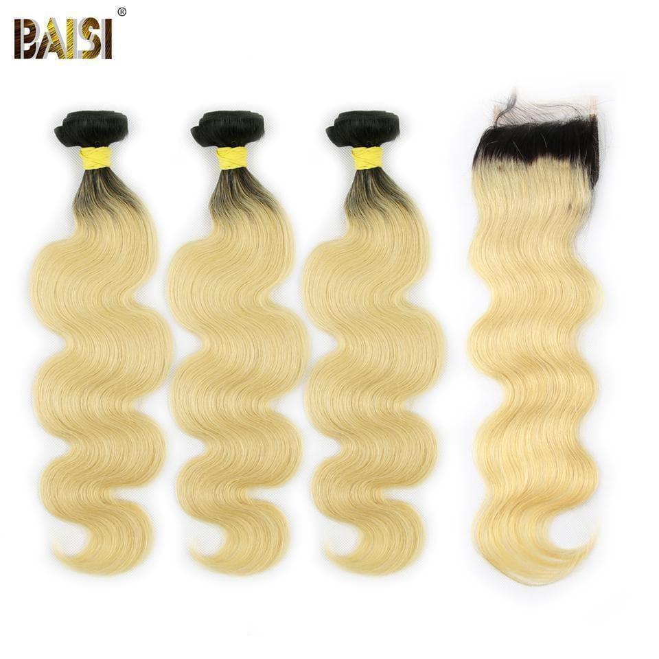 BAISI 10A 100% Cheveux Humains 1B/613# Eurasiens Ondulés Body Wave Blondes Mèche En Lot Closure