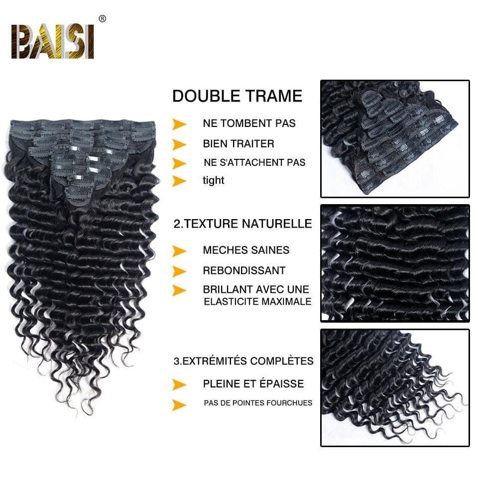 BAISI Extensions À Clips Deep Wave En 100% Cheveux Humains 8 Pièces et 120G Par Lot