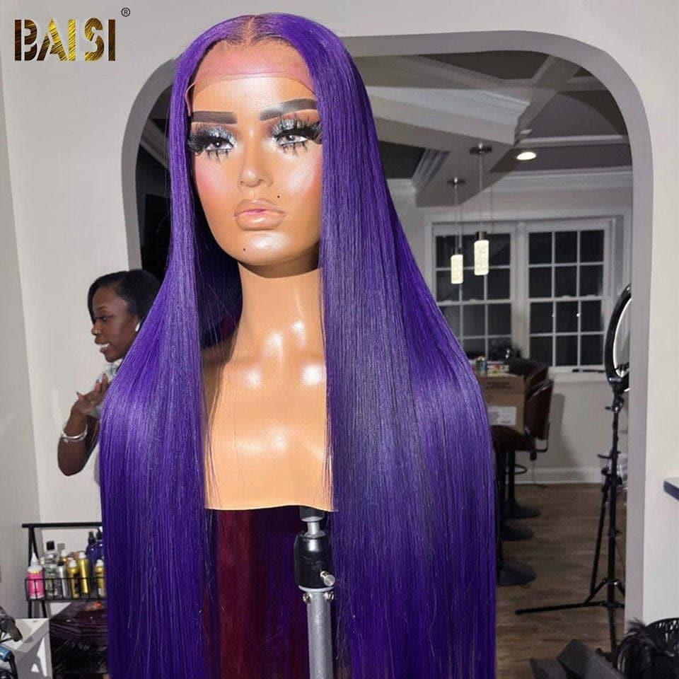 BAISI 13x4 Lace Frontal Perruque Lisse Violet en 100% Cheveux Humains