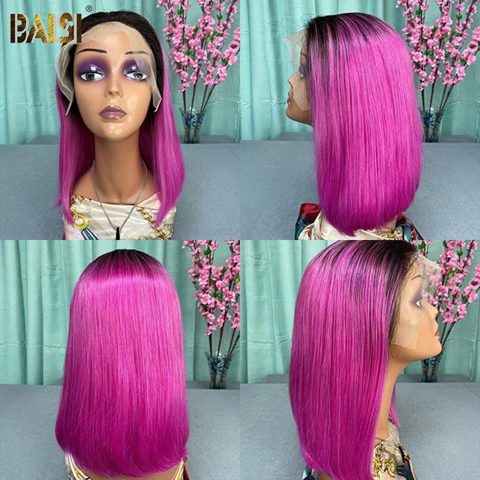 BAISI T Part Lace Perruque lisse 1B Rose En 100% Cheveux Humains